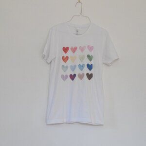 BELLA + CANVAS Rainbow Watercolor Hearts White Cotton T-Shirt | Size S